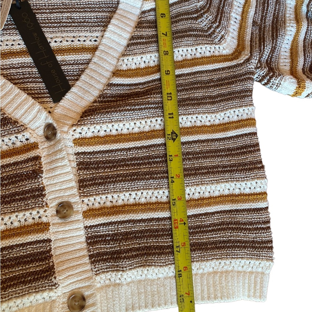 House of Harlow 1960 Puff Sleeve Cropped Neutral Striped Knit Cardigan S… - Picture 13 of 16